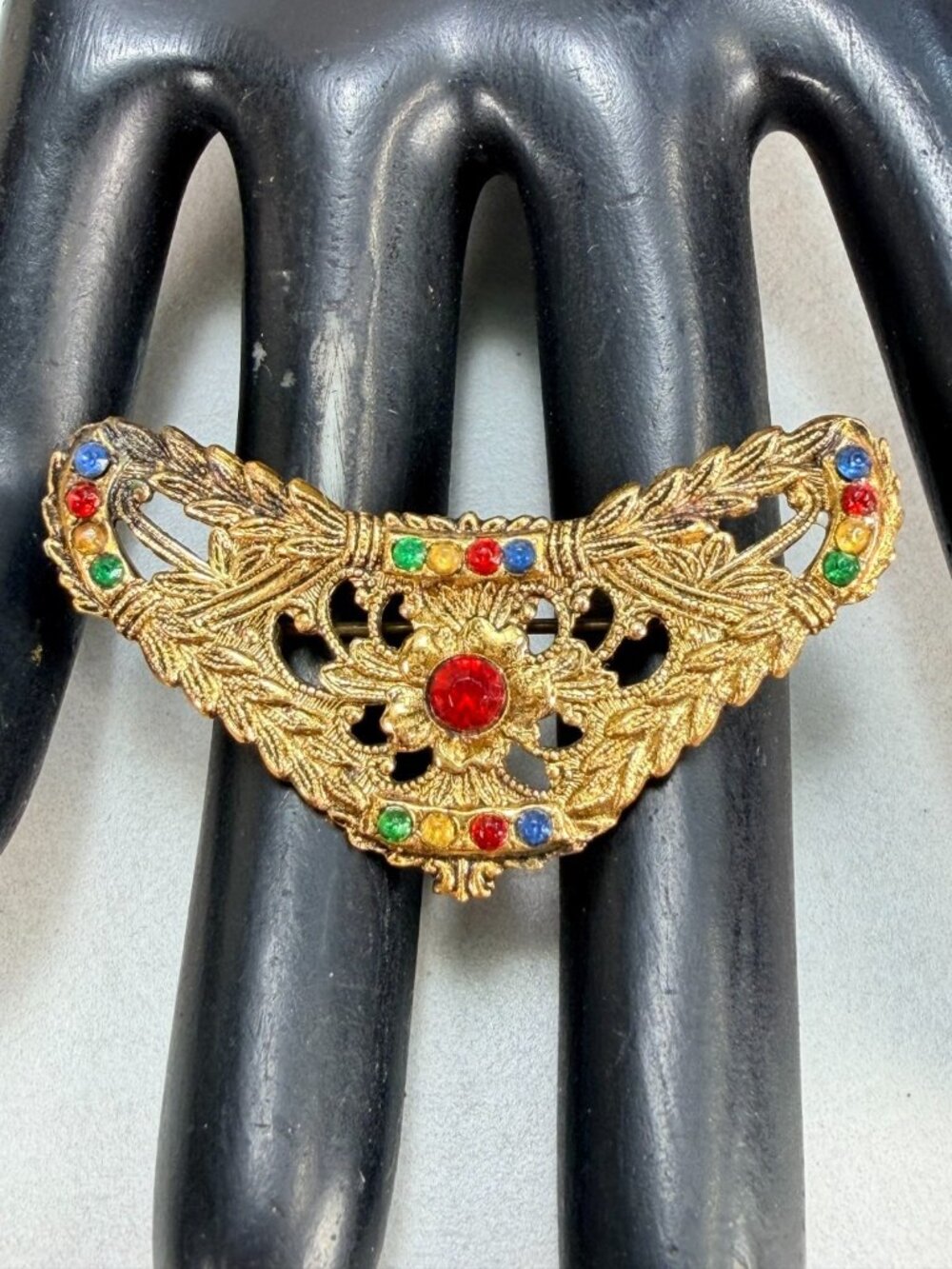 Vintage Gold Tone Filigree Multicolor Rhinestone Brooch Victorian Revival Pin